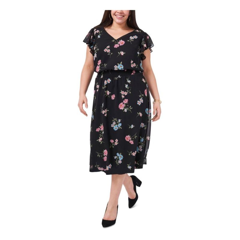 MSK WOMEN Womens Black Waist Lined Flutter Sleeve Midi Sheath Dress Plus 1X